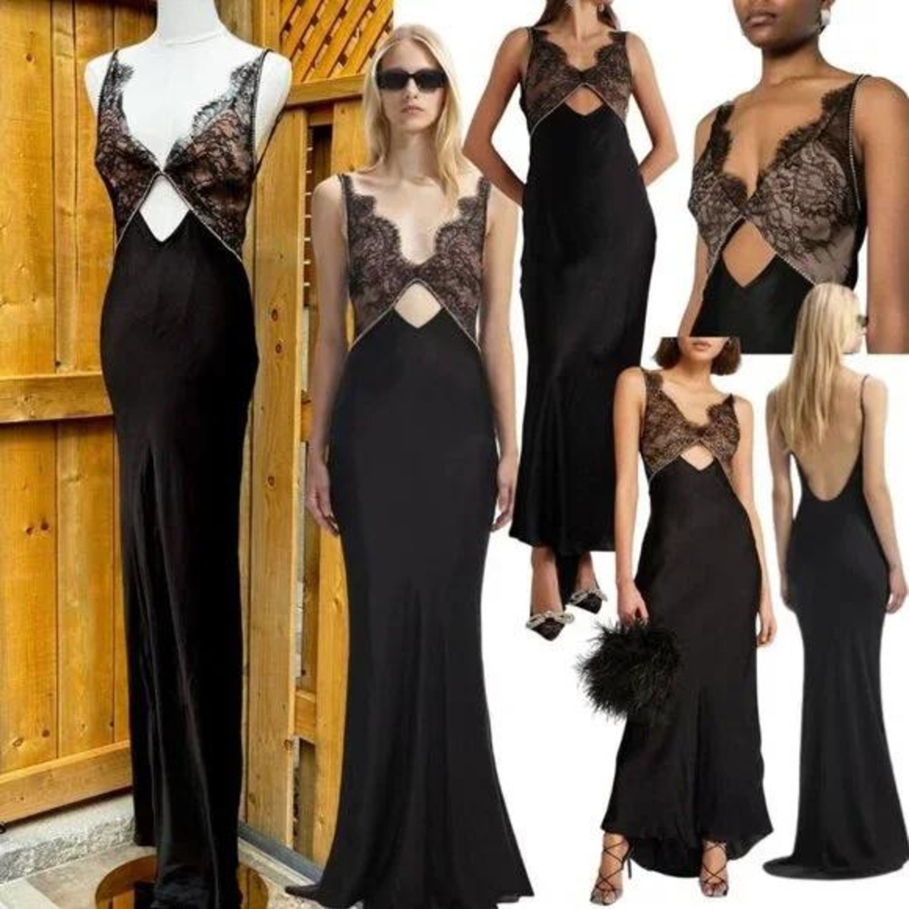 SELF PORTRAIT 🧿 NWOT Black Lace Satin Maxi Dress, Sz UK 8 / US 4